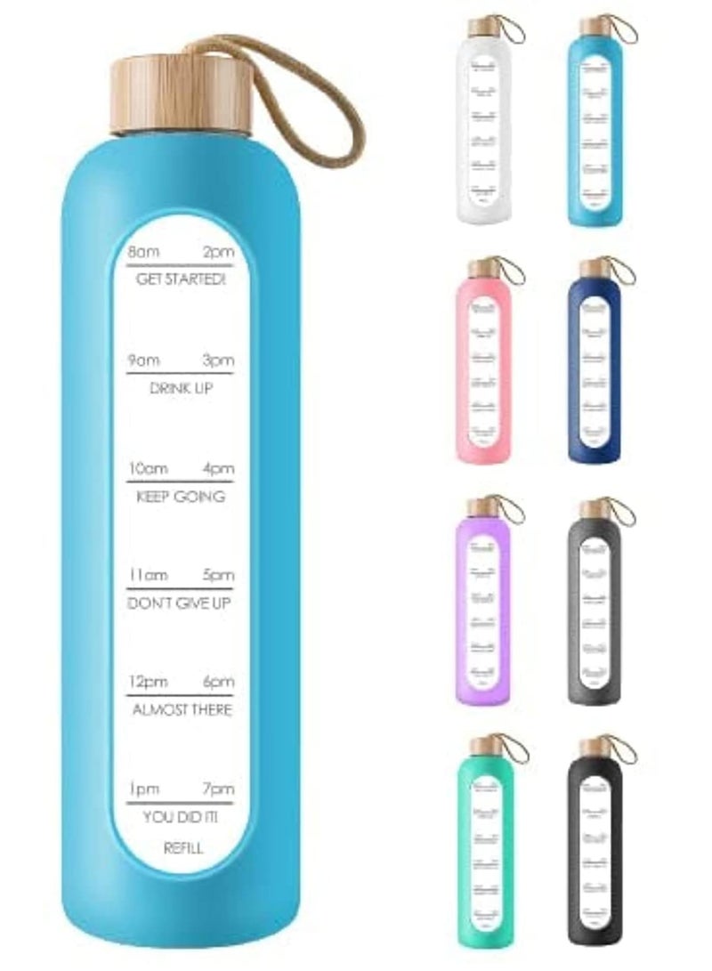 SYOSI 32 Oz Borosilicate Glass Water Bottle with Time Marker Reminder Quotes, Leak Proof Reusable BPA Free Motivational Water Bottle with Silicone Sleeve and Bamboo Lid - Image 1
